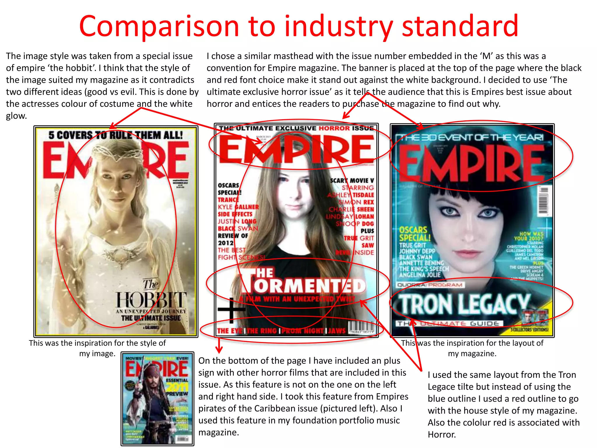 Comparison to industry standard
This was the inspiration for the layout of
my magazine.
This was the inspiration for the style of
my image.
I chose a similar masthead with the issue number embedded in the ‘M’ as this was a
convention for Empire magazine. The banner is placed at the top of the page where the black
and red font choice make it stand out against the white background. I decided to use ‘The
ultimate exclusive horror issue’ as it tells the audience that this is Empires best issue about
horror and entices the readers to purchase the magazine to find out why.
I used the same layout from the Tron
Legace tilte but instead of using the
blue outline I used a red outline to go
with the house style of my magazine.
Also the cololur red is associated with
Horror.
The image style was taken from a special issue
of empire ‘the hobbit’. I think that the style of
the image suited my magazine as it contradicts
two different ideas (good vs evil. This is done by
the actresses colour of costume and the white
glow.
On the bottom of the page I have included an plus
sign with other horror films that are included in this
issue. As this feature is not on the one on the left
and right hand side. I took this feature from Empires
pirates of the Caribbean issue (pictured left). Also I
used this feature in my foundation portfolio music
magazine.
 