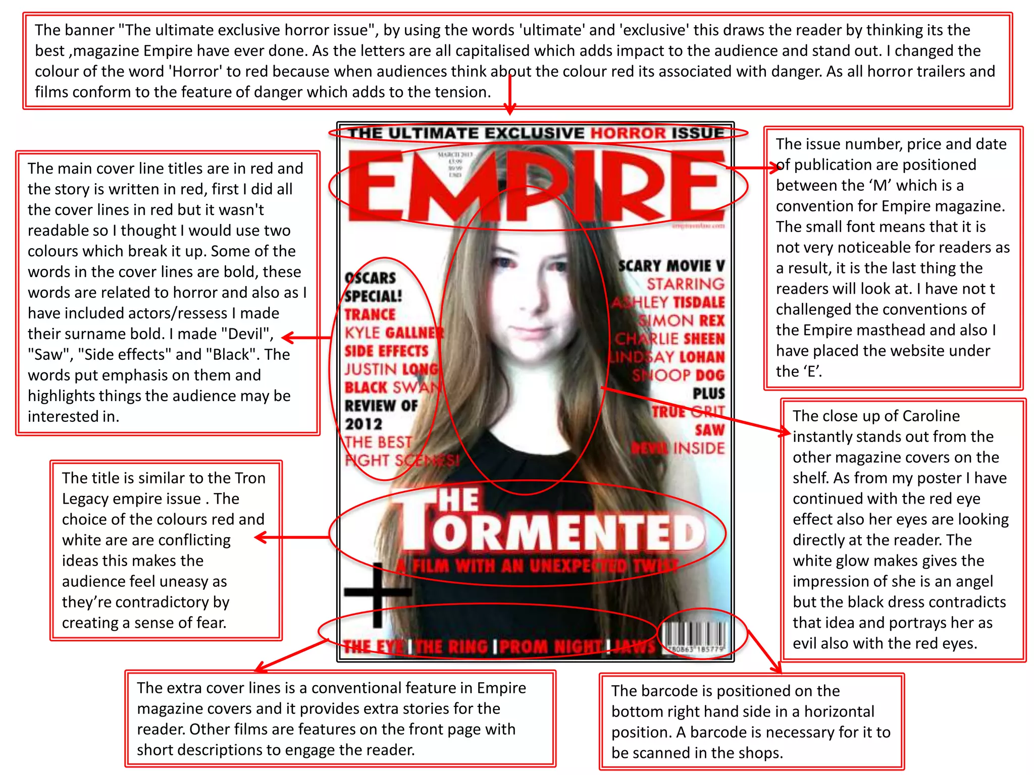 The barcode is positioned on the
bottom right hand side in a horizontal
position. A barcode is necessary for it to
be scanned in the shops.
The issue number, price and date
of publication are positioned
between the ‘M’ which is a
convention for Empire magazine.
The small font means that it is
not very noticeable for readers as
a result, it is the last thing the
readers will look at. I have not t
challenged the conventions of
the Empire masthead and also I
have placed the website under
the ‘E’.
The close up of Caroline
instantly stands out from the
other magazine covers on the
shelf. As from my poster I have
continued with the red eye
effect also her eyes are looking
directly at the reader. The
white glow makes gives the
impression of she is an angel
but the black dress contradicts
that idea and portrays her as
evil also with the red eyes.
The extra cover lines is a conventional feature in Empire
magazine covers and it provides extra stories for the
reader. Other films are features on the front page with
short descriptions to engage the reader.
The banner "The ultimate exclusive horror issue", by using the words 'ultimate' and 'exclusive' this draws the reader by thinking its the
best ,magazine Empire have ever done. As the letters are all capitalised which adds impact to the audience and stand out. I changed the
colour of the word 'Horror' to red because when audiences think about the colour red its associated with danger. As all horror trailers and
films conform to the feature of danger which adds to the tension.
The main cover line titles are in red and
the story is written in red, first I did all
the cover lines in red but it wasn't
readable so I thought I would use two
colours which break it up. Some of the
words in the cover lines are bold, these
words are related to horror and also as I
have included actors/ressess I made
their surname bold. I made "Devil",
"Saw", "Side effects" and "Black". The
words put emphasis on them and
highlights things the audience may be
interested in.
The title is similar to the Tron
Legacy empire issue . The
choice of the colours red and
white are are conflicting
ideas this makes the
audience feel uneasy as
they’re contradictory by
creating a sense of fear.
 