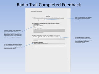 Radio Trail Completed Feedback
Given an 8 for the radio trail we learn
things could be improved but it is
acceptable.

This is the purpose of our radio trail to
encourage people to watch the
documentary as the answer on the
questionnaire feels it is interesting and
makes them want to watch we feel the
radio trail ahs completed its purpose.

The only issue with the music the person
felt was it was too loud as it may have
clashed with voices making it hard to hear
what the voices are saying.

The mellow music fits in with the
documentary as it is sad yet inspiring
trying to get the message across about
knife crime and the person who
completed this agreed.

 