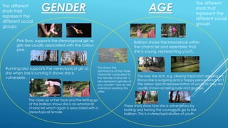 AGEGENDER
Pink Bow, supports the stereotypical girl as
girls are usually associated with the colour
pink.
Running also supports the stereotypical girl as
she when she is running it shows she is
vulnerable .
The close up of her face and the letting go
of the balloon shows she is an emotional
character which again is associated with a
stereotypical female.
Balloon shows the innocence within
the character and resembles that
she is young, representing youth.
The way she acts, e.g. playing hopscotch skipping etc...
Shows she is outgoing and a happy person which isn’t
the stereo typical representation of youth as they are
usually shown as being rude and grumpy.
These shots show how she is adventurous by
looking and having the courage to go to the
balloon. This is a stereotypical view of youth .
This shows the
dominance of the male
character compared to
the female character, it
also represent gender as
you wouldn’t see an old
individual wearing this
attire
The different
shots that
represent the
different social
groups
The different
shots that
represent the
different social
groups
 