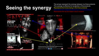 Seeing the synergy
The arrows represent the synergy between my three products.
This synergy is effective for recognition of the products.
Represents the knives being in the three products
Represents the antagonist featuring in the three products
Represents the red and black colour scheme
 