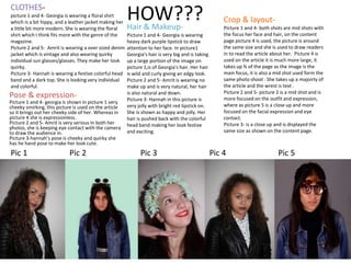 HOW???CLOTHES-
picture 1 and 4- Georgia is wearing a floral shirt
which is a bit hippy, and a leather jacket making her
a little bit more modern. She is wearing the floral
shirt which I think fits more with the genre of the
magazine.
Picture 2 and 5- Amrit is wearing a over sized denim
jacket which is vintage and also wearing quirky
individual sun glasses/glasses. They make her look
quirky.
Picture 3- Hannah is wearing a festive colorful head
band and a dark top. She is looking very individual
and colorful.
Pic 1 Pic 2 Pic 3 Pic 4 Pic 5
Hair & Makeup-
Picture 1 and 4- Georgia is wearing
heavy dark purple lipstick to draw
attention to her face. In picture1
Georgia's hair is very big and is taking
up a large portion of the image on
picture 1,is of Georgia's hair. Her hair
is wild and curly giving an edgy look.
Picture 2 and 5- Amrit is wearing no
make up and is very natural, her hair
is also natural and down.
Picture 3- Hannah in this picture is
very jolly with bright red lipstick on.
She is shown as happy and jolly. Her
hair is pushed back with the colorful
head band making her look festive
and exciting.
Pose & expression-
Picture 1 and 4- georgia is shown in picture 1 very
cheeky smirking, this picture is used on the article
so it brings out her cheeky side of her. Whereas in
picture 4 she is expressionless.
Picture 2 and 5- Amrit is very serious In both her
photos, she is keeping eye contact with the camera
to draw the audience in.
Picture 3-hannah’s pose is cheeky and quirky she
has he hand pose to make her look cute.
Crop & layout-
Picture 1 and 4- both shots are mid shots with
the focus her face and hair, on the content
page picture 4 is used, the picture is around
the same size and she is used to draw readers
in to read the article about her. Picture 4 is
used on the article it is much more large, it
takes up ¾ of the page as the image is the
main focus, it is also a mid shot used form the
same photo shoot . She takes up a majoirty of
the article and the wrest is text .
Picture 2 and 5- picture 2 is a mid shot and is
more focused on the outfit and expression,
where as picture 5 is a close up and more
focused on the facial expression and eye
contact.
Picture 3- is a close up and is displayed the
same size as shown on the content page.
 