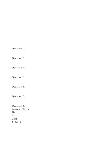 Question 2.
Question 3.
Question 4.
Question 5.
Question 6.
Question 7.
Question 8.
Account Titles
Dr
Cr
Cash
$18,972
 