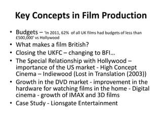 Key Concepts in Film Production
• Budgets – ‘In 2011, 62% of all UK films had budgets of less than
£500,000’ vs Hollywood
• What makes a film British?
• Closing the UKFC – changing to BFI…
• The Special Relationship with Hollywood –
importance of the US market - High Concept
Cinema – Indiewood (Lost in Translation (2003))
• Growth in the DVD market - improvement in the
hardware for watching films in the home - Digital
cinema - growth of IMAX and 3D films
• Case Study - Lionsgate Entertainment
 