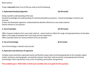 Mark Scheme
To get a top mark (level 4 out of 50) you need to do the following:
1. Explanation/analysis/argument (16-20 marks)
Shows excellent understanding of the task
Excellent knowledge and understanding of institutional/audience practices – factual knowledge is relevant and
accurate
A clear and developed argument, substantiated by detailed reference to case study material
Clearly relevant to set question
2. Use of examples (16-20 marks)
Offers frequent evidence from case study material – award marks to reflect the range and appropriateness of examples
Offers a full range of examples from case study and own experience
Offers examples which are clearly relevant to the set question
3. Use of terminology (8-10 marks)
Use of terminology is relevant and accurate
4. Expression and coherence of argument
Complex issues have been expressed clearly and fluently using a style of writing appropriate to the complex subject
matter. Sentences and paragraphs, consistently relevant, have been well structured, using appropriate technical
terminology. There may be few, if any, errors of spelling, punctuation and grammar.
This candidate got a HIGH LEVEL 3 which just scrambles into an A grade for this question.
 