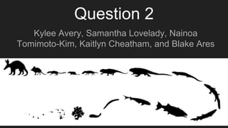 Question 2
Kylee Avery, Samantha Lovelady, Nainoa
Tomimoto-Kim, Kaitlyn Cheatham, and Blake Ares
 