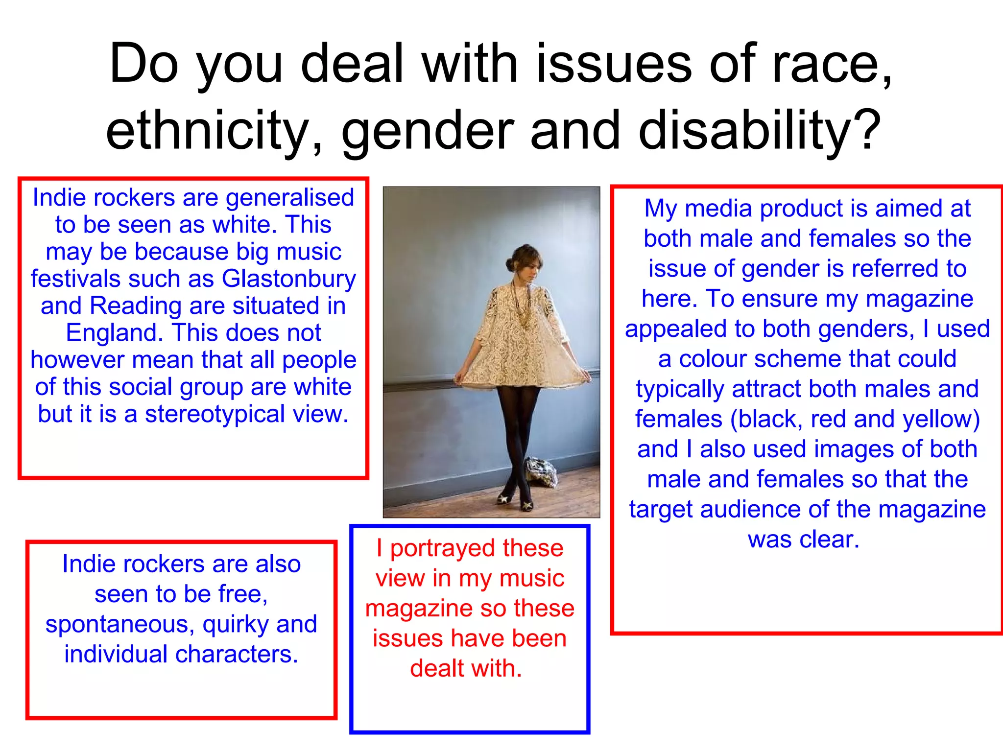 Do you deal with issues of race, ethnicity, gender and disability?  Indie rockers are generalised to be seen as white. This may be because big music festivals such as Glastonbury and Reading are situated in England. This does not however mean that all people of this social group are white but it is a stereotypical view. Indie rockers are also seen to be free, spontaneous, quirky and individual characters. I portrayed these view in my music magazine so these issues have been dealt with.  My media product is aimed at both male and females so the issue of gender is referred to here. To ensure my magazine appealed to both genders, I used a colour scheme that could typically attract both males and females (black, red and yellow) and I also used images of both male and females so that the target audience of the magazine was clear.  