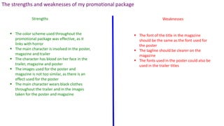 The strengths and weaknesses of my promotional package
Strengths Weaknesses
 The font of the title in the magazine
should be the same as the font used for
the poster
 The tagline should be clearer on the
magazine
 The fonts used in the poster could also be
used in the trailer titles
 The color scheme used throughout the
promotional package was effective, as it
links with horror
 The main character is involved in the poster,
magazine and trailer
 The character has blood on her face in the
trailer, magazine and poster
 The images used for the poster and
magazine is not too similar, as there is an
effect used for the poster
 The main character wears black clothes
throughout the trailer and in the images
taken for the poster and magazine
 
