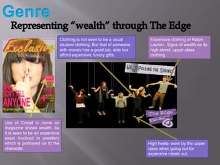 Expensive clothing of Ralph
Lauren . Signs of wealth as its
high street, upper class
clothing
High heels- worn by the uppe...