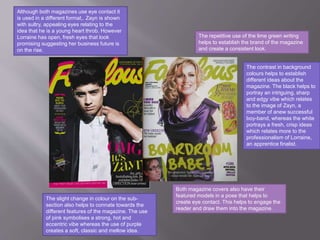 The repetitive use of the lime green writing
helps to establish the brand of the magazine
and create a consistent look.
Th...