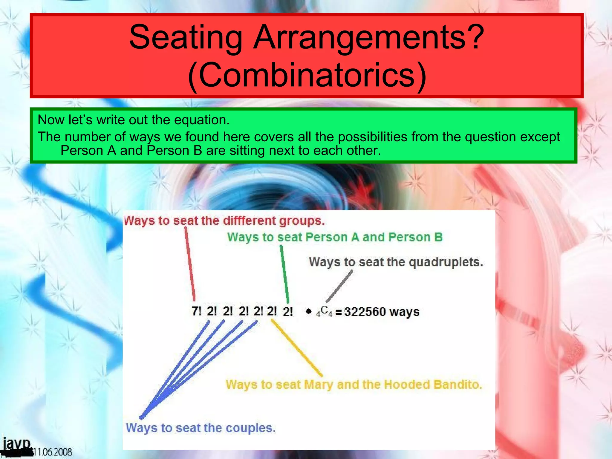Seating Arrangements? (Combinatorics) Now let’s write out the equation. The number of ways we found here covers all the possibilities from the question except Person A and Person B are sitting next to each other. 