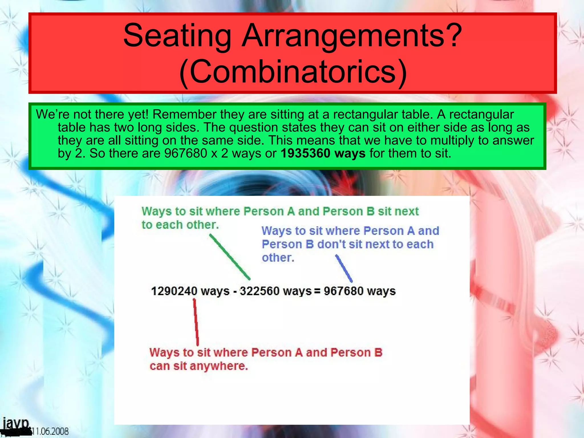 Seating Arrangements? (Combinatorics) We’re not there yet! Remember they are sitting at a rectangular table. A rectangular table has two long sides. The question states they can sit on either side as long as they are all sitting on the same side. This means that we have to multiply to answer by 2. So there are 967680 x 2 ways or  1935360 ways  for them to sit. 
