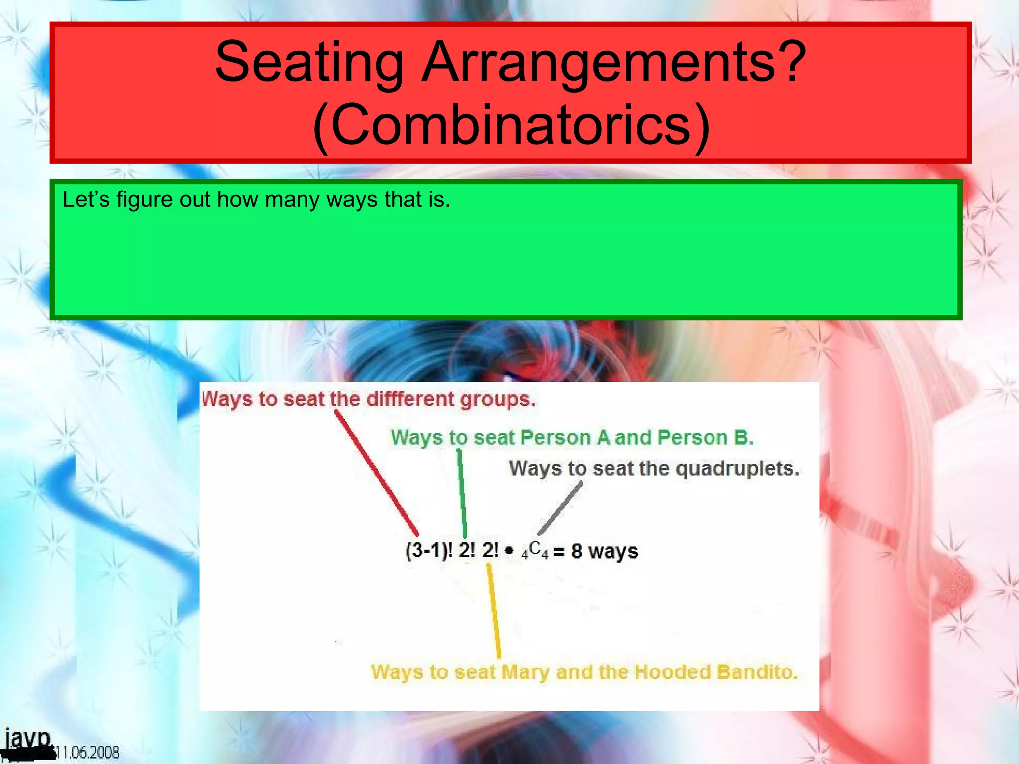 Seating Arrangements? (Combinatorics) Let’s figure out how many ways that is. 