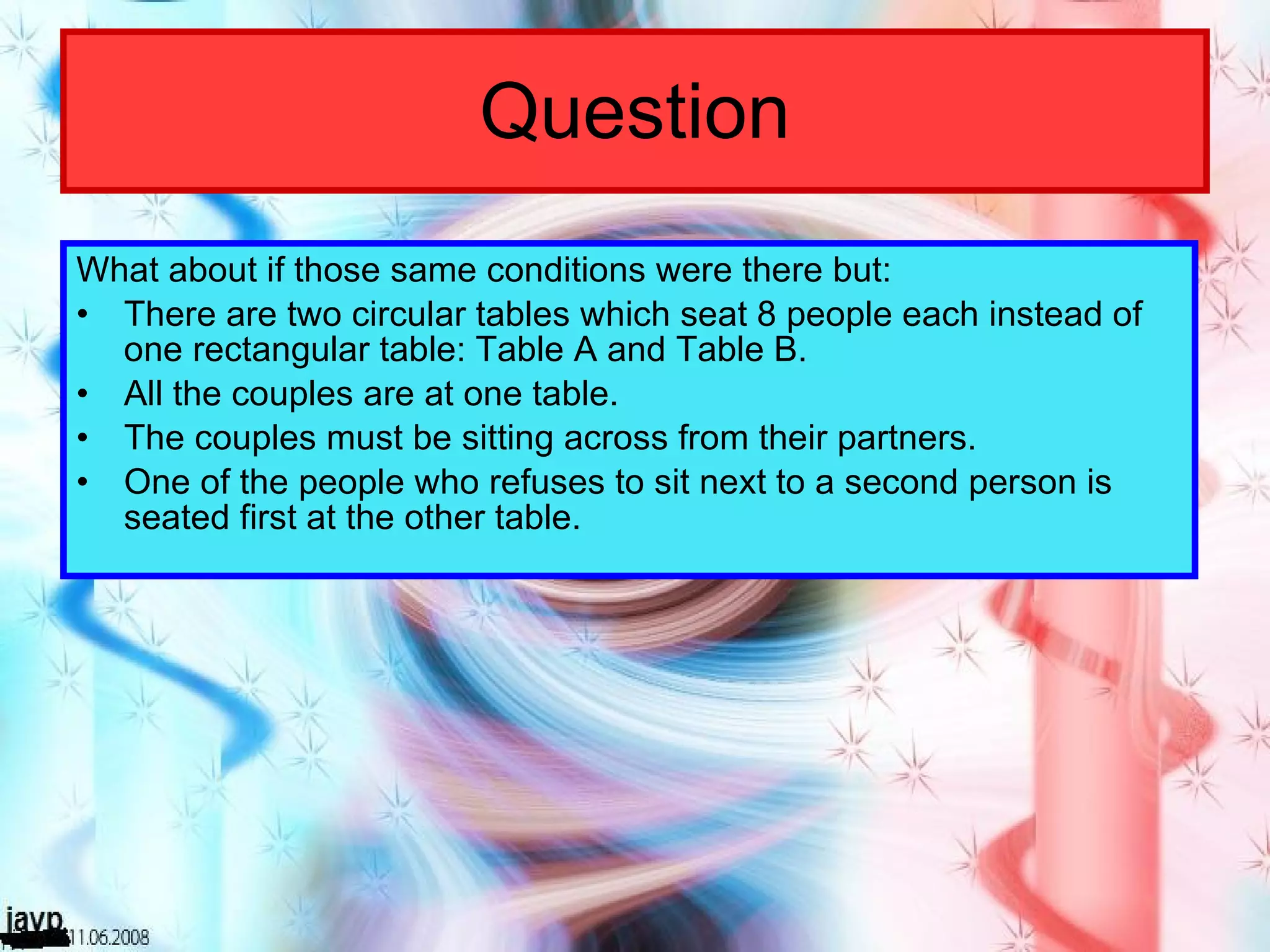 Question What about if those same conditions were there but: There are two circular tables which seat 8 people each instead of one rectangular table: Table A and Table B. All the couples are at one table. The couples must be sitting across from their partners. One of the people who refuses to sit next to a second person is seated first at the other table. 