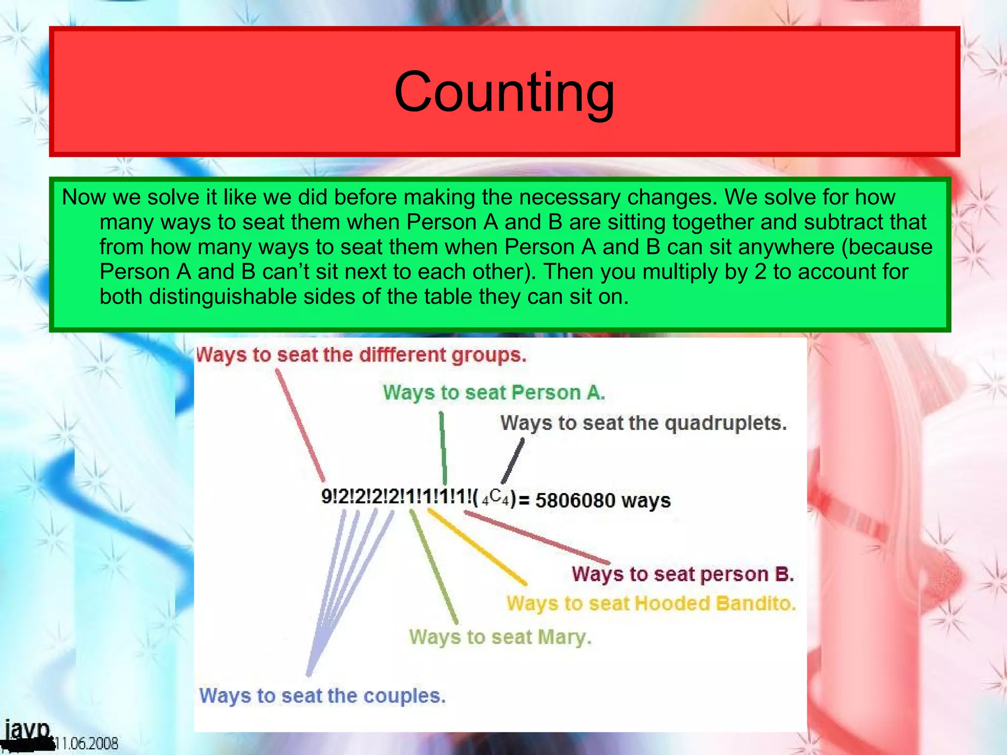 Counting Now we solve it like we did before making the necessary changes. We solve for how many ways to seat them when Person A and B are sitting together and subtract that from how many ways to seat them when Person A and B can sit anywhere (because Person A and B can’t sit next to each other). Then you multiply by 2 to account for both distinguishable sides of the table they can sit on. 