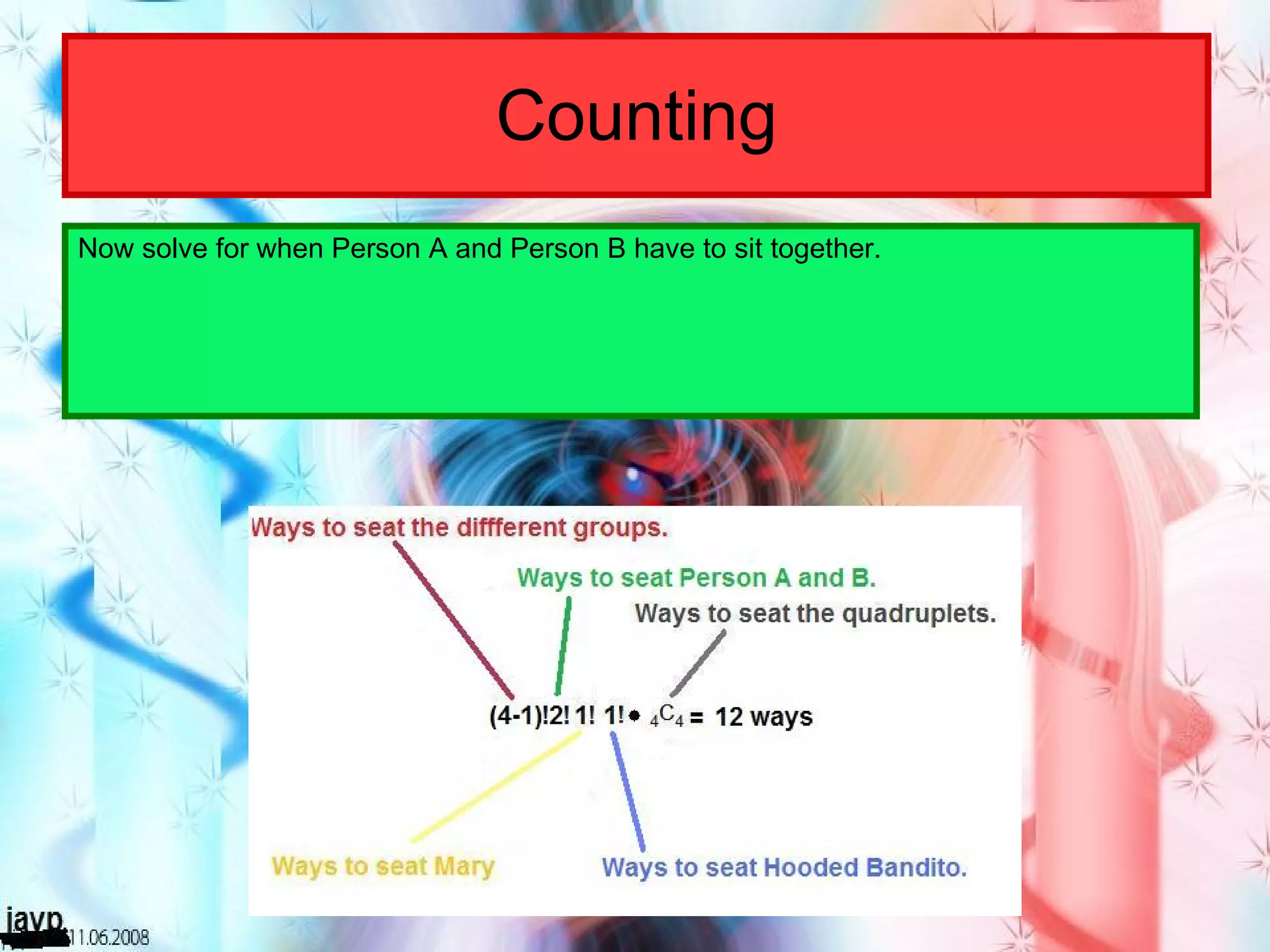 Counting Now solve for when Person A and Person B have to sit together. 