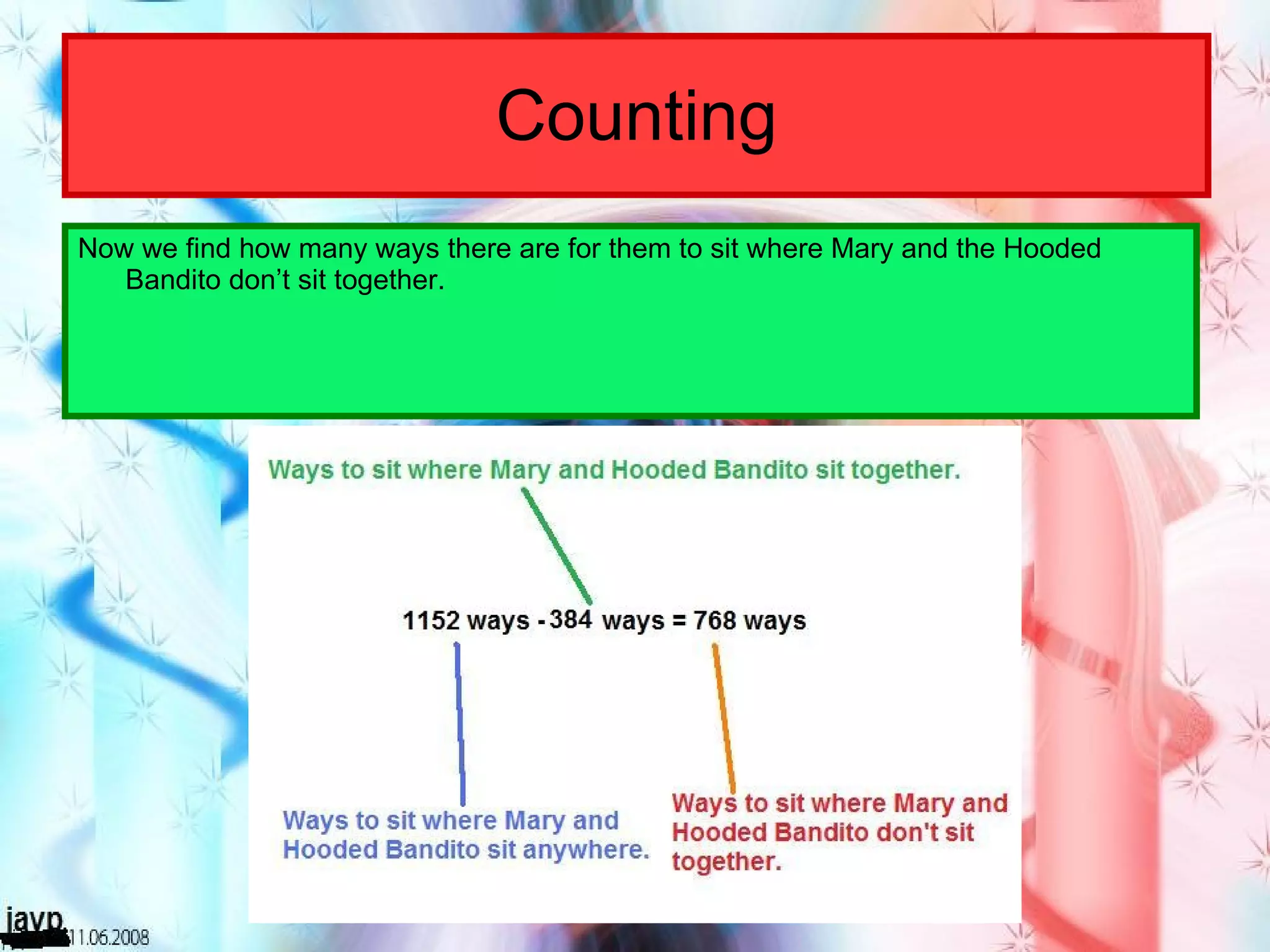 Counting Now we find how many ways there are for them to sit where Mary and the Hooded Bandito don’t sit together. 
