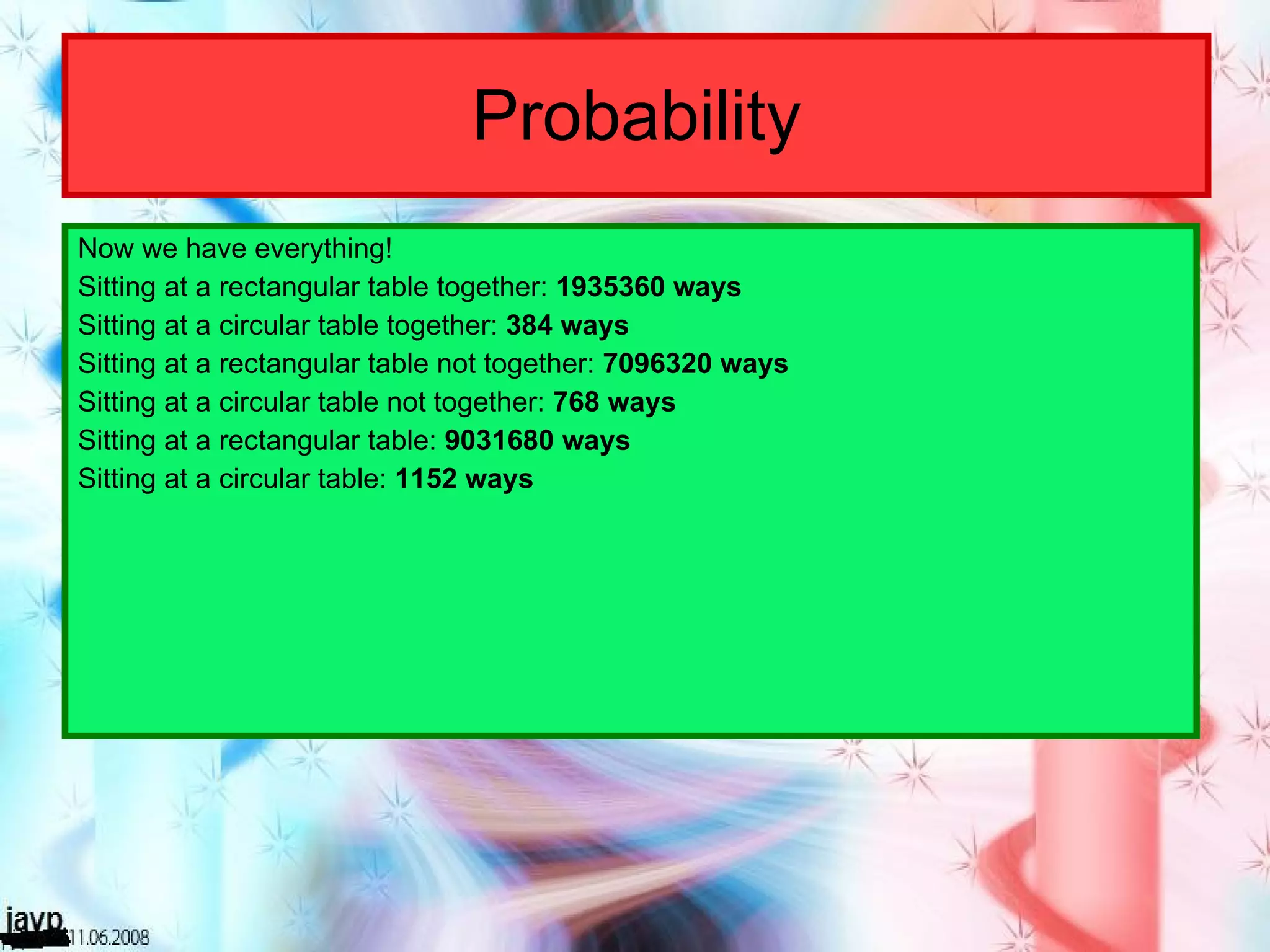 Probability Now we have everything! Sitting at a rectangular table together:  1935360 ways   Sitting at a circular table together:  384 ways Sitting at a rectangular table not together:  7096320 ways Sitting at a circular table not together:  768 ways Sitting at a rectangular table:  9031680 ways Sitting at a circular table:  1152 ways 