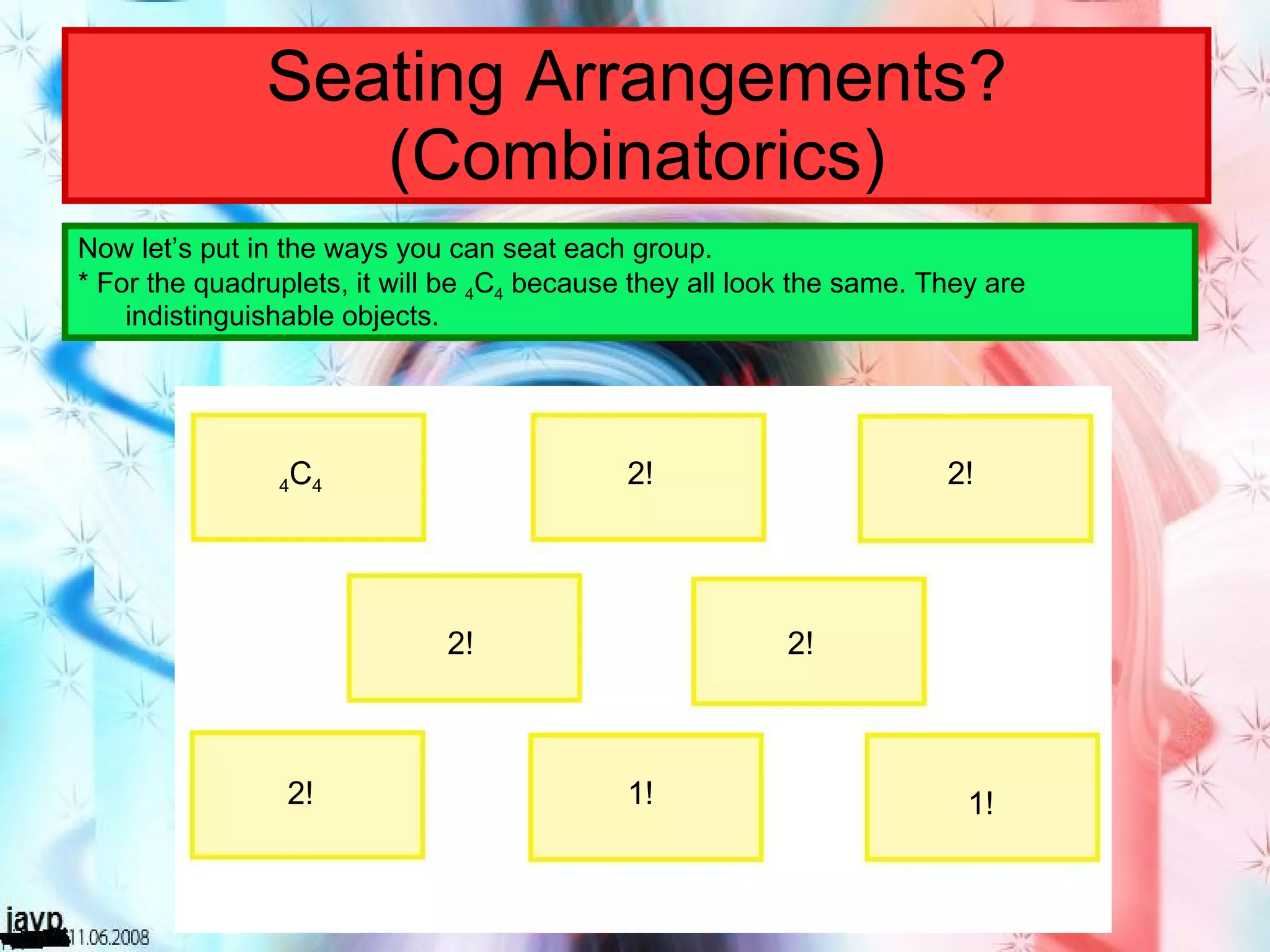 Seating Arrangements? (Combinatorics) Now let’s put in the ways you can seat each group. * For the quadruplets, it will be  4 C 4  because they all look the same. They are indistinguishable objects. 4 C 4 2! 2! 2! 2! 2! 1! 1! 