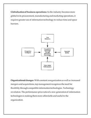Globalizationofbusiness operations:As the industry becomes more
global in its procurement, manufacturing and marketing operations, it
requires greater use of information technology to reduce time and space
barriers.
Organizationalchanges: With constant reorganization as well as increased
mergers and acquisitions, top managementrecognizes the need for
flexibility through compatible information technologies. Technology
revolution. The performance-price ratioof a new generation of information
technologies is making them more affordable and useful to the
organization.
 