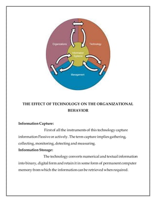 THE EFFECT OF TECHNOLOGY ON THE ORGANIZATIONAL
BEHAVIOR
Information Capture:
Firstof all the instruments of this technology capture
information Passive or actively. The term capture implies gathering,
collecting, monitoring, detecting and measuring.
Information Storage:
The technology converts numerical and textual information
into binary, digital form and retain it in some form of permanentcomputer
memory from which the information can be retrieved when required.
 