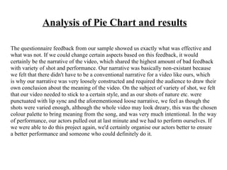 Analysis of Pie Chart and results

The questionnaire feedback from our sample showed us exactly what was effective and
what was not. If we could change certain aspects based on this feedback, it would
certainly be the narrative of the video, which shared the highest amount of bad feedback
with variety of shot and performance. Our narrative was basically non-existant because
we felt that there didn't have to be a conventional narrative for a video like ours, which
is why our narrative was very loosely constructed and required the audience to draw their
own conclusion about the meaning of the video. On the subject of variety of shot, we felt
that our video needed to stick to a certain style, and as our shots of nature etc. were
punctuated with lip sync and the aforementioned loose narrative, we feel as though the
shots were varied enough, although the whole video may look dreary, this was the chosen
colour palette to bring meaning from the song, and was very much intentional. In the way
of performance, our actors pulled out at last minute and we had to perform ourselves. If
we were able to do this project again, we'd certainly organise our actors better to ensure
a better performance and someone who could definitely do it.
 