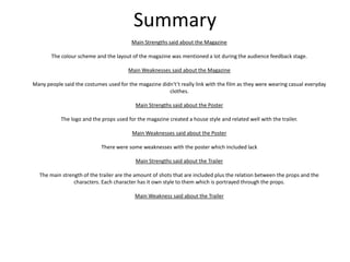 Summary
                                         Main Strengths said about the Magazine

       The colour scheme and the layout of the magazine was mentioned a lot during the audience feedback stage.

                                        Main Weaknesses said about the Magazine

Many people said the costumes used for the magazine didn't’t really link with the film as they were wearing casual everyday
                                                       clothes.

                                           Main Strengths said about the Poster

           The logo and the props used for the magazine created a house style and related well with the trailer.

                                         Main Weaknesses said about the Poster

                            There were some weaknesses with the poster which included lack

                                           Main Strengths said about the Trailer

  The main strength of the trailer are the amount of shots that are included plus the relation between the props and the
                characters. Each character has it own style to them which is portrayed through the props.

                                          Main Weakness said about the Trailer
 
