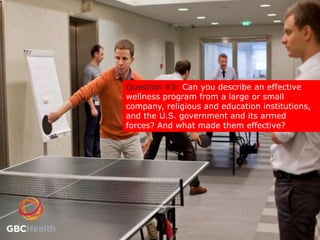 Question #3: Can you describe an effective
wellness program from a large or small
company, religious and education institutions,
and the U.S. government and its armed
forces? And what made them effective?




                                            1
 
