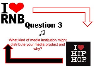 Question 3
What kind of media institution might
distribute your media product and
               why?
 