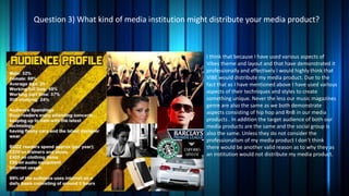 Question 3) What kind of media institution might distribute your media product?

I think that because I have used various aspects of
Vibes theme and layout and that have demonstrated it
professionally and effectively I would highly think that
VIBE would distribute my media product. Due to the
fact that as I have mentioned above I have used various
aspects of their techniques and styles to create
something unique. Never the less our music magazines
genre are also the same as we both demonstrate
aspects consisting of hip hop and RnB in our media
products . In addition the target audience of both our
media products are the same and the social group is
also the same. Unless they do not consider the
professionalism of my media product I don’t think
there would be another valid reason as to why they as
an institution would not distribute my media product.

 