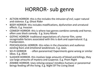 HORROR- sub genre 
• ACTION HORROR- this is the includes the intrusion of evil, super natural 
and violence. E.g. Ghost Rider 
• BODY HORROR- this includes modifications, dysfunction and unnatural 
effects. E.g. Invasion 
• COMEDY HORROR- this is where two genres combine comedy and horror, 
often uses black comedy. E.g. Scary Movie 
• GOTHIC HORROR- traditional expectations of a horror film, some 
recognizable factors associated with this is dark and supernatural. E.g. 
Frankenstein. 
• PSYCHOLIGICAL HORROR- this relies in the characters and audience 
existing fears and emotional weaknesses. E.g. Jaws. 
• SCI-FI HORROR - often paranormal/ Experiments gone wrong or similar 
ideas. E.g. Alien 
• SLASHER HORROR- this involves large amounts of blood and killings, they 
use large amounts of mystery and suspense. E.g. Prom Night 
• ZOMBIE HORROR- Uses reliving corpse/ mindless humans or paranormal 
beings feeding off the living. E.g. Night Of The Living Dead 
 