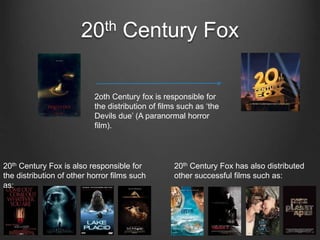 20th Century Fox
2oth Century fox is responsible for
the distribution of films such as ‘the
Devils due’ (A paranormal horror
film).
20th Century Fox is also responsible for
the distribution of other horror films such
as:
20th Century Fox has also distributed
other successful films such as:
 