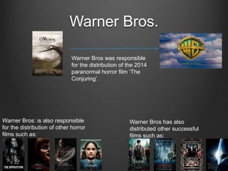 Warner Bros.
Warner Bros: is also responsible
for the distribution of other horror
films such as:
Warner Bros has also
distributed other successful
films such as:
Warner Bros was responsible
for the distribution of the 2014
paranormal horror film ‘The
Conjuring’.
 