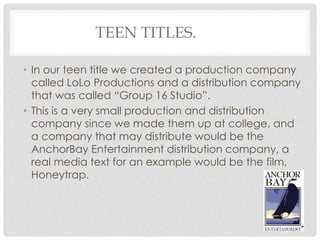 TEEN TITLES.
• In our teen title we created a production company
called LoLo Productions and a distribution company
that w...