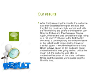 Our results
 After finally receiving the results, the audience
said they understood the plot and said that
they felt the music and light worked well with
the film defining the genre to be between both
Science Fiction and Psychological Drama.
Again, they felt the was between the age rating
of a PG and 12/12A due to the fact the film
contained a contemporary and complex issue
of the virtual world versus reality. However,
they felt again, it would’ve been wise to have
David to have spoke so the audience could
understand what was going on but, unlike the
rough cut, the audience was able to
understand because all the shots had been
filmed and the glitches were placed into the
film this time.
 