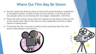 Where Our Film May Be Shown
 Our film would most likely be shown at venues like young filmmakers competitions
or filmmakers festivals, as both of those are very common in the area and will
have people similar to use showing their low budget, independent, indie films.
 Places like indie cinemas and on indie film websites are less likely to show our film
as they would rather take on films that are more independent and have a higher
chance of making money.
 TV channels like film 4 are even les likely as they would only take films from
famous indie producers and directors.
 