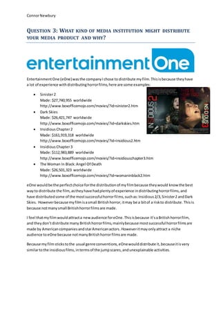 ConnorNewbury
QUESTION 3: WHAT KIND OF MEDIA INSTITUTION MIGHT DISTRIBUTE
YOUR MEDIA PRODUCT AND WHY?
EntertainmentOne (eOne)wasthe companyIchose to distribute myfilm.Thisisbecause theyhave
a lot of experience withdistributinghorrorfilms,here are some examples:
 Sinister2
Made: $27,740,955 worldwide
http://www.boxofficemojo.com/movies/?id=sinister2.htm
 Dark Skies
Made: $26,421,747 worldwide
http://www.boxofficemojo.com/movies/?id=darkskies.htm
 Insidious Chapter2
Made: $161,919,318 worldwide
http://www.boxofficemojo.com/movies/?id=insidious2.htm
 Insidious Chapter3
Made: $112,983,889 worldwide
http://www.boxofficemojo.com/movies/?id=insidiouschapter3.htm
 The Woman In Black:Angel Of Death
Made: $26,501,323 worldwide
http://www.boxofficemojo.com/movies/?id=womaninblack2.htm
eOne wouldbe the perfectchoice forthe distributionof myfilmbecause theywould know the best
wayto distribute the film, astheyhave hadplentyof experience indistributinghorrorfilms,and
have distributedsome of the mostsuccessfulhorrorfilms,suchas:Insidious2/3,Sinister2 andDark
Skies. Howeverbecause myfilmisasmall Britishhorror,itmay be a bitof a riskto distribute. Thisis
because notmanysmall Britishhorrorfilmsare made.
I feel thatmyfilmwouldattracta newaudience foreOne.Thisisbecause it’saBritishhorrorfilm,
and theydon’tdistribute many Britishhorrorfilms,mainlybecause mostsuccessful horrorfilmsare
made by AmericancompaniesandstarAmericanactors.Howeveritmayonlyattract a niche
audience to eOne because notmanyBritishhorrorfilmsare made.
Because myfilmstickstothe usual genre conventions,eOnewoulddistribute it,becauseitisvery
similartothe insidiousfilms,intermsof the jumpscares,andunexplainable activities.
 