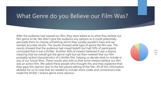 What Genre do you Believe our Film Was?
After the audience had viewed our film, they were asked as to what they believe our
film genre to be. We didn’t give the audience any options as it could potentially
persuade them to choose something which they usually wouldn’t have and we
wanted accurate results. The results showed what type of genre the film was. The
results showed that the audience had mixed beliefs but had 50% of participants
concluded that it was a thriller. Another 40% of viewers believed it was a drama,
meaning that we overall got the genre right but we then realised that our film
probably lacked characteristics of a thriller film, helping us decide what to include in
any of our future films. These results also told us that some viewers believe our film
was an action film. We asked these people who thought this and they explained that
they gave this opinion due to the fast paced editing of the film. All of this information
allowed for us to note that we needed to include more codes and conventions that
made the thriller / drama genre more obvious.
 