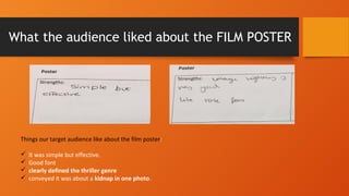 What the audience liked about the FILM POSTER
Things our target audience like about the film poster:
ü It was simple but effective.
ü Good font
ü clearly defined the thriller genre
ü conveyed it was about a kidnap in one photo.
 