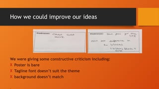 How we could improve our ideas
We were giving some constructive criticism including:
X Poster is bare
X Tagline font doesn’t suit the theme
X background doesn’t match
 