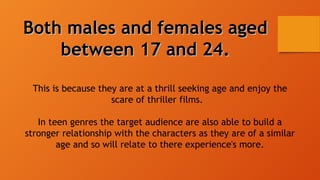 Both males and females agedBoth males and females aged
between 17 and 24.between 17 and 24.
This is because they are at a thrill seeking age and enjoy the
scare of thriller films.
In teen genres the target audience are also able to build a
stronger relationship with the characters as they are of a similar
age and so will relate to there experience's more.
 