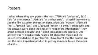 Posters
I asked where they saw posters the most 7/10 said "on buses", 2/10
said "at the cinema," 1/10 said "at the bus stop". I asked if they went to
see the film based on the poster alone. 5/10 said "maybe," 3/10 said
"no", 1/10 said "yes," and 1/10 said "not on it's own." I asked why, and
the answers were along the lines of "I need more information" "they
aren't detailed enough" and "I don't look at posters carefully. One
answer was "If I had already heard a lot about the movie and the
poster reminded me to go." Overall, I have learnt that the posters are
not the most important product in getting someone to see the movie
of a film.
 