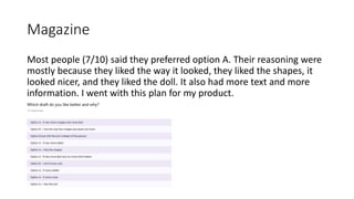 Magazine
Most people (7/10) said they preferred option A. Their reasoning were
mostly because they liked the way it looked, they liked the shapes, it
looked nicer, and they liked the doll. It also had more text and more
information. I went with this plan for my product.
 