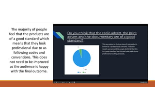 The majority of people
feel that the products are
of a good standard which
means that they look
professional due to us
following codes and
conventions. This does
not need to be improved
as the audience is happy
with the final outcome.
 