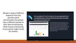 We got a range of different
responses from this
question which
demonstrates that people
have a different outlook on
their idea of entertaining.
What may be entertaining
to one person might not be
for another.
 