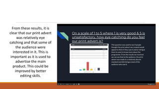 From these results, it is
clear that our print advert
was relatively eye
catching and that some of
the audience were
interested in it. This is
important as it is used to
advertise the main
product. This could be
improved by better
editing skills.
 
