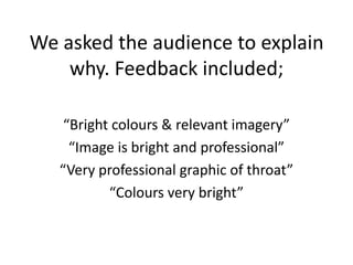 We asked the audience to explain
why. Feedback included;
“Bright colours & relevant imagery”
“Image is bright and professional”
“Very professional graphic of throat”
“Colours very bright”
 