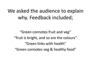 We asked the audience to explain
why. Feedback included;
“Green connotes fruit and veg”
“fruit is bright, and so are the colours”
“Green links with health”
“Green connotes veg & healthy food”
 