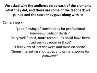We asked why the audience rated each of the elements
what they did, and these are some of the feedback we
gained and the score they gave along with it;
“good flowing of conventions for professional
interviews (rule of thirds)”
“very well filmed, more techniques could have been
used such as zoom in & cut”
“Clear view of interviewees and mise-en-scene”
“Some interesting shot types and camera zooms for
cutaways”
Camerawork;
 
