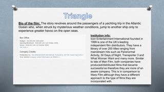 Bio of the film: The story revolves around the passengers of a yachting trip in the Atlantic
Ocean who, when struck by mysterious weather conditions, jump to another ship only to
experience greater havoc on the open seas.
Institution info:
Icon Entertainment International founded in
1999 is one of the UK’s leading
independent film distributors. They have a
library of over 200 titles ranging from
mainstream hits such as Paranormal
Activity, 30 Days of Night, Transporter 3 and
What Woman Want and many more. Similar
to Isle of Man Film, both companies have
produced/distributed films that became
successful so therefore they are more of an
aware company. This is in comparison to
Warp Film although they have a different
approach to the type of films they are
incorporated with.
 
